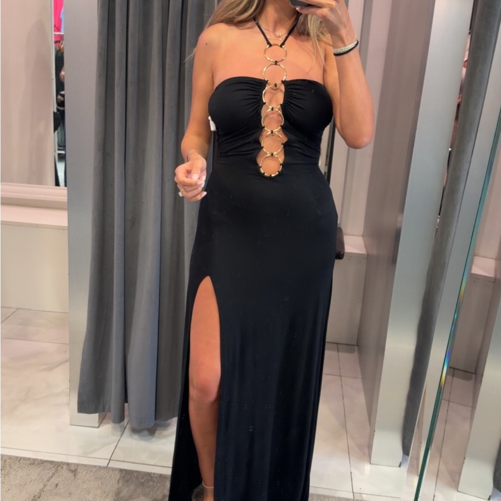 luli fama Black Maxi Dress with Front Ring Accents